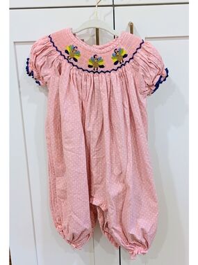 Baby Girls Pink Smocked One-Piece Romper with Turkey Embroidery